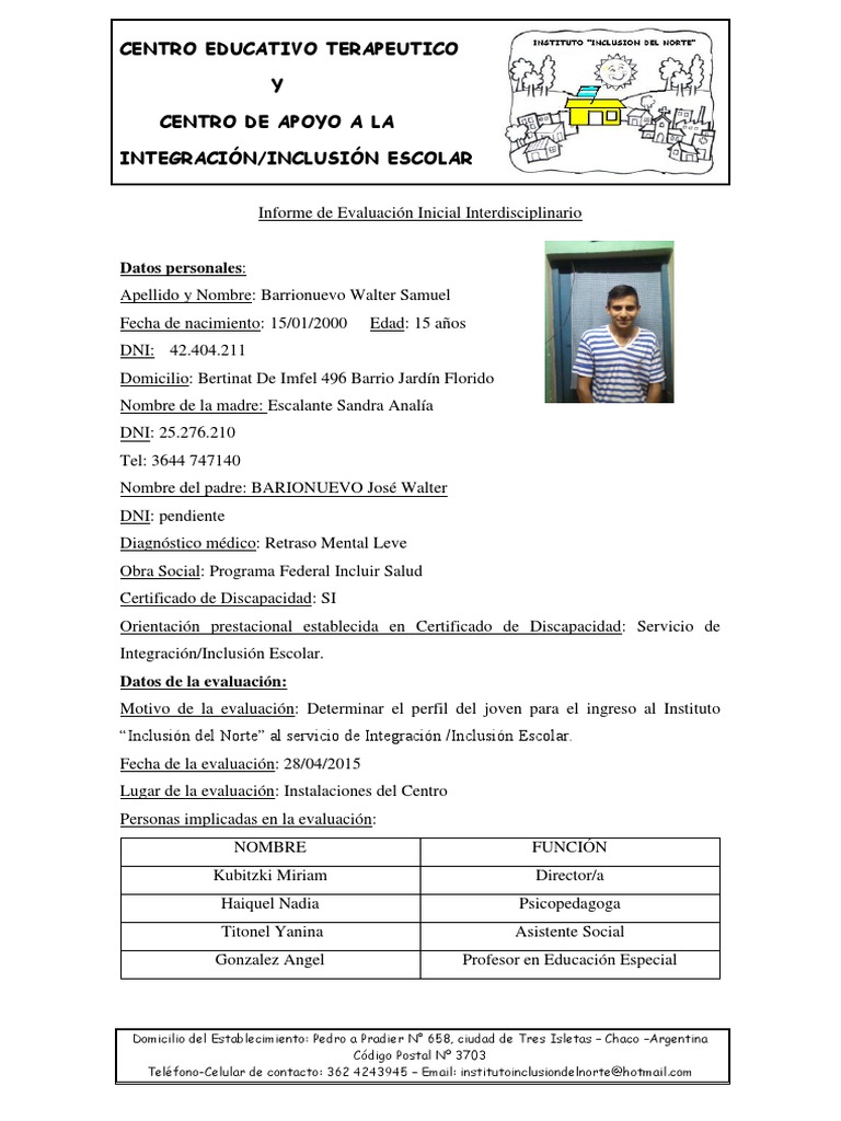  2 - Informe Evaluación Inicial Interdisciplinario Barrionuevo  Walter | PDF | Memoria | Aprendizaje
