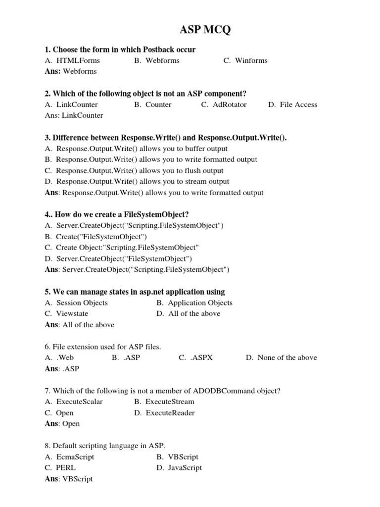 Asp Mcq Part 1 Pdf Active Server Pages Web Server