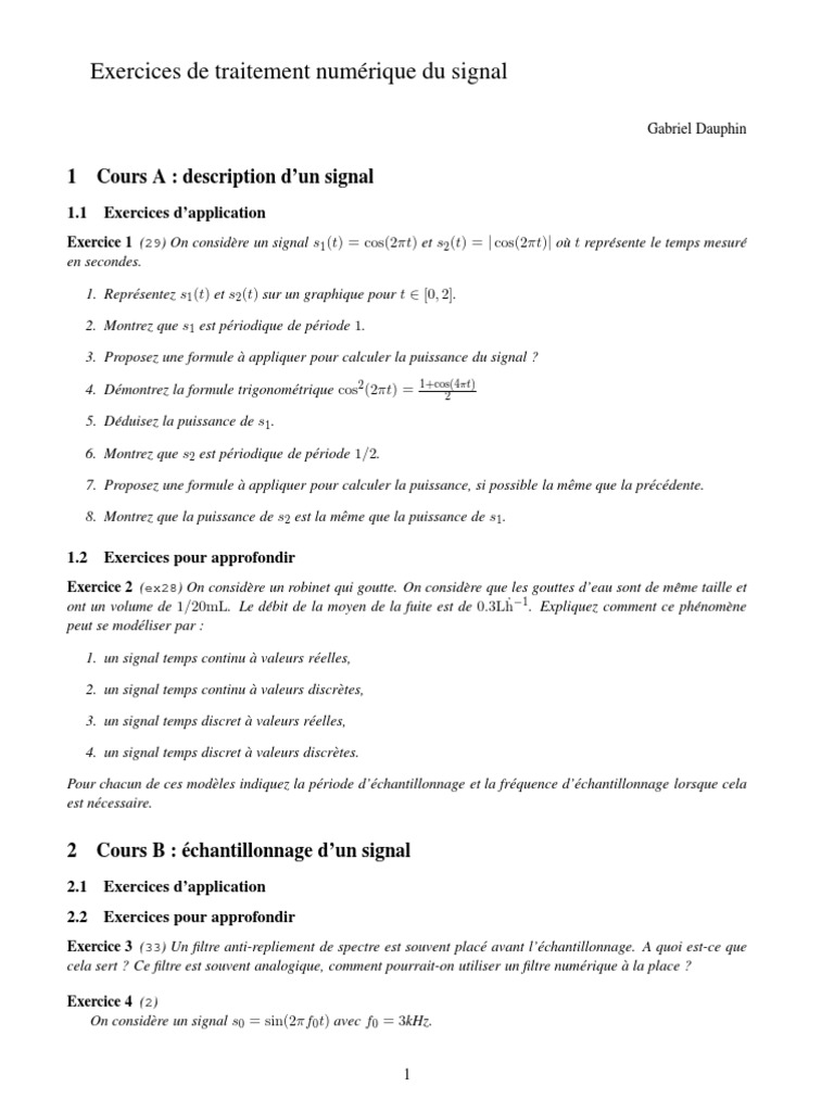 Exercices de Traitement Numérique du Signal | PDF | Filtre ...
