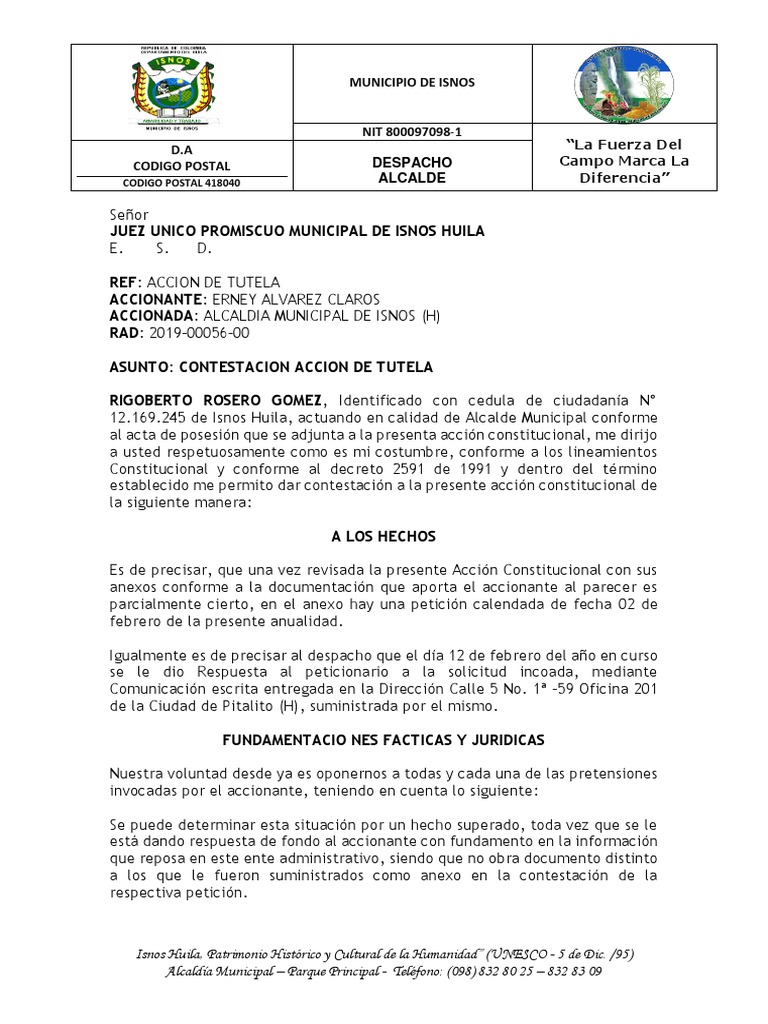 Contestación a Acción de Tutela Isnos | PDF | Alcalde | Constitución