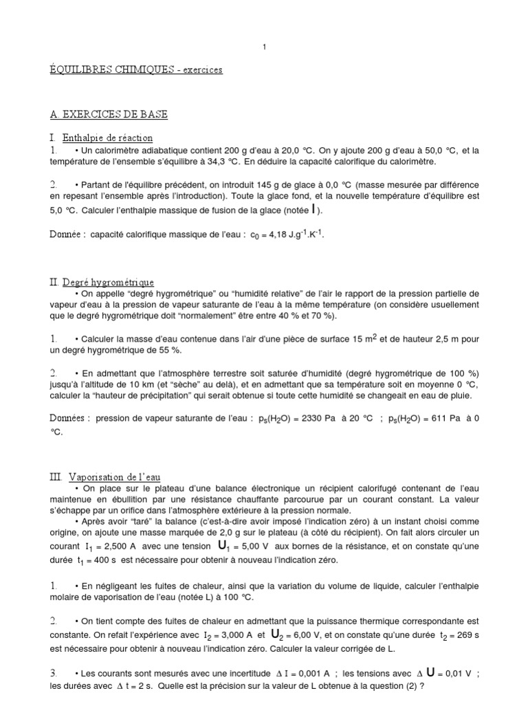 Exercices sur les équilibres chimiques | PDF | Humidité relative | Pression
