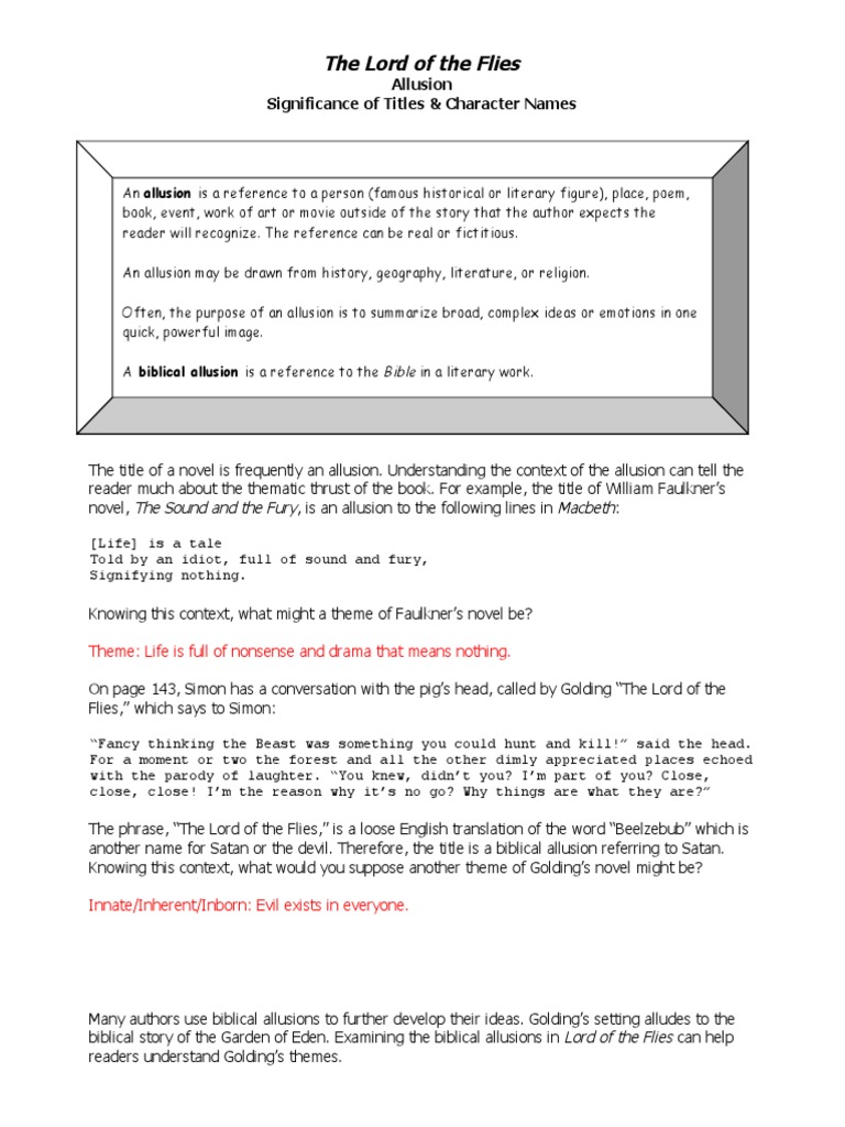Lotf - Allusion - Title Character Name Answer Key | PDF | Adam And 