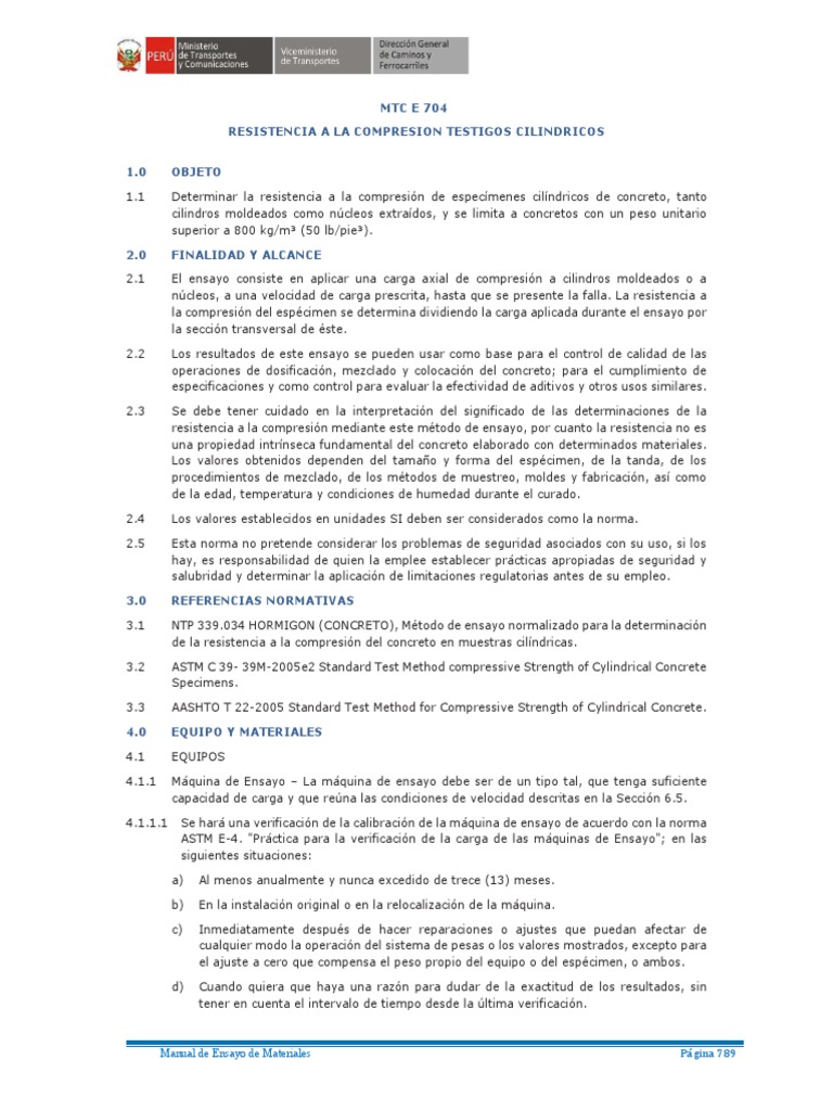 Resistencia a la Compresión MTC E 704 | PDF | Calibración | Hormigón