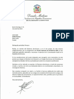 Carta de felicitación del presidente Danilo Medina a Emilia Pereyra, ganadora del Premio Nacional de Periodismo 2019