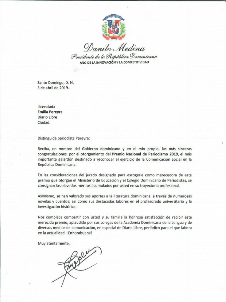 Carta de Felicitación Del Presidente Danilo Medina A Emilia Pereyra