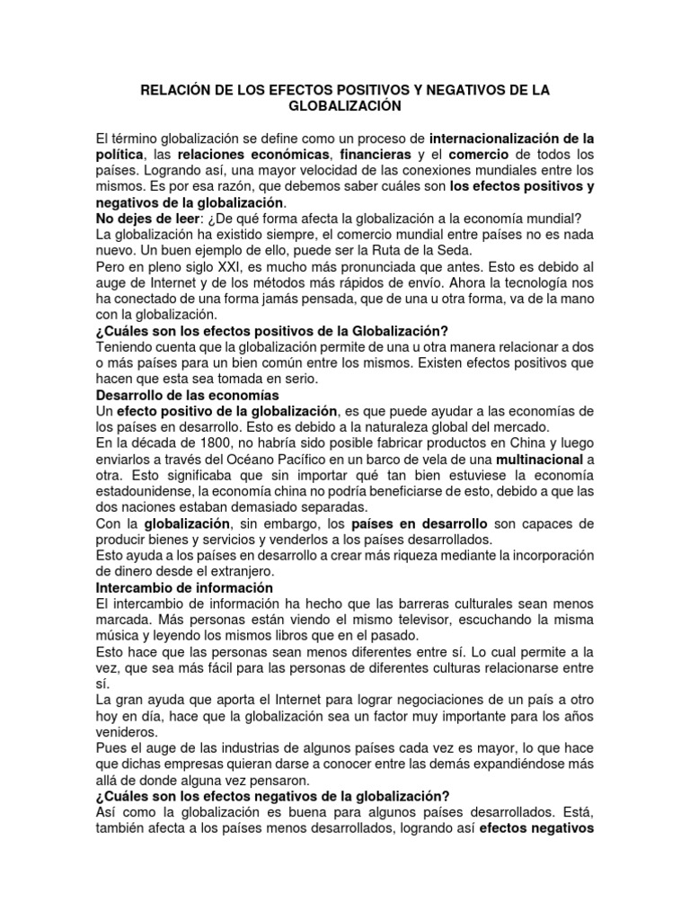 Relación de Los Efectos Positivos y Negativos de La Globalización | PDF ...