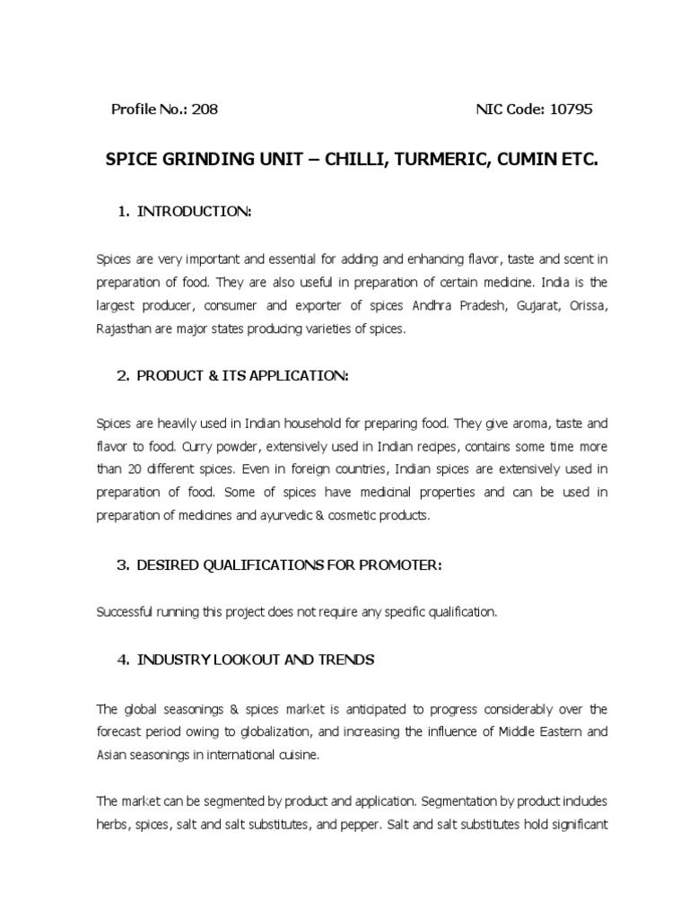Spice Grinding Unit Chilli, Turmeric, Cumin | PDF | Spice | Curry