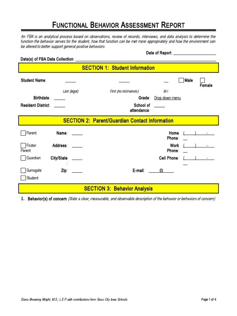 Fba Functional Behavior Assessment Template 1 3 PDF Data Analysis