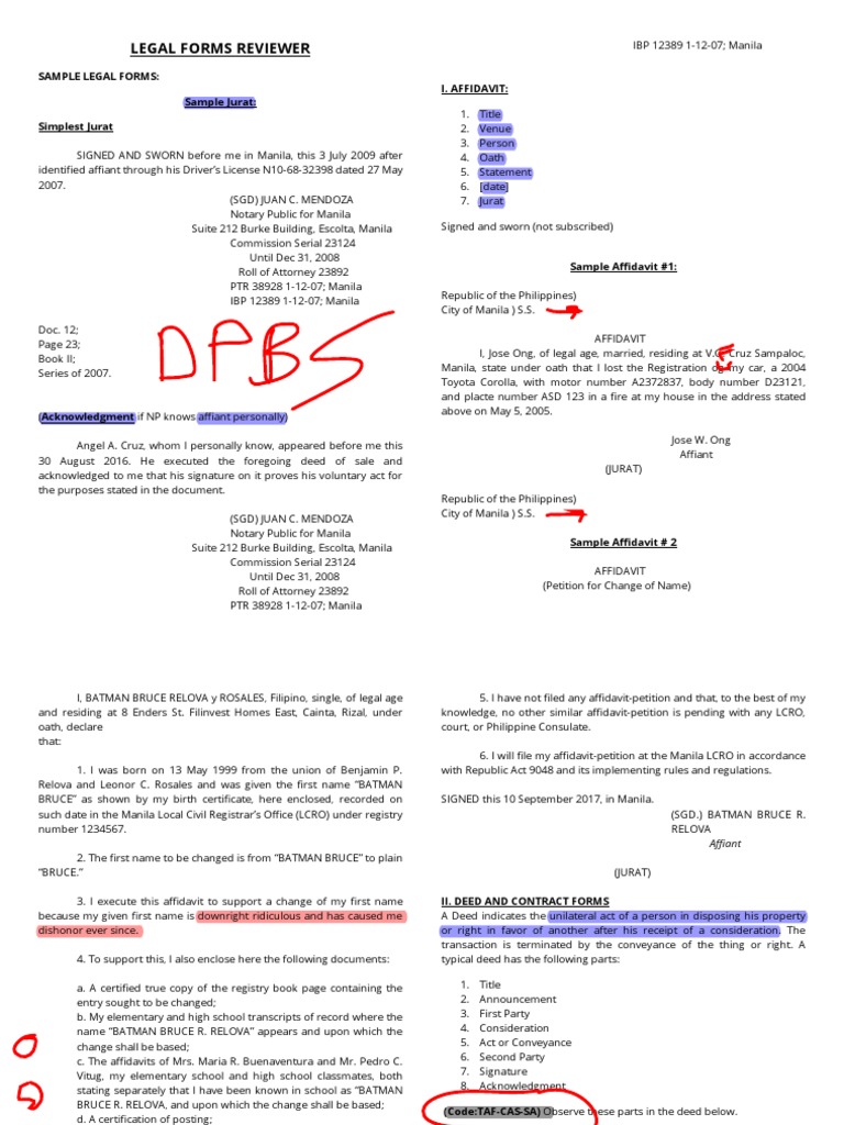 Legal Forms Reviewer Sample Legal Forms Sample Jurat Simplest Jurat I. Affidavit PDF