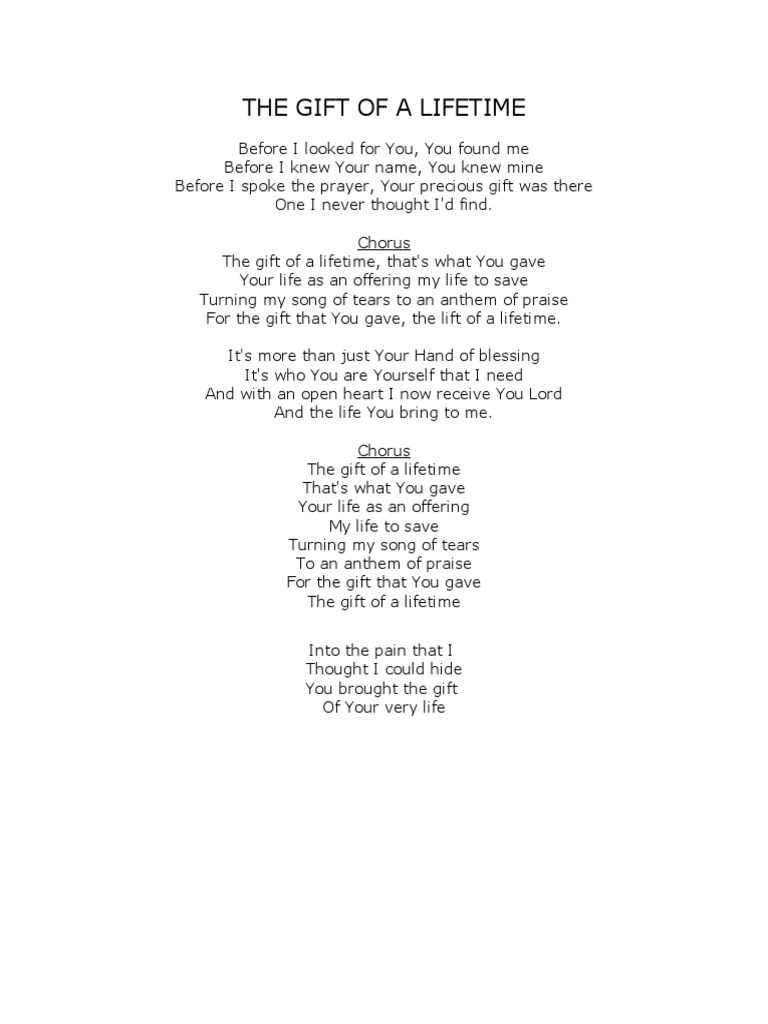 Lyrics Gift of a Lifetime Songs Musical Compositions