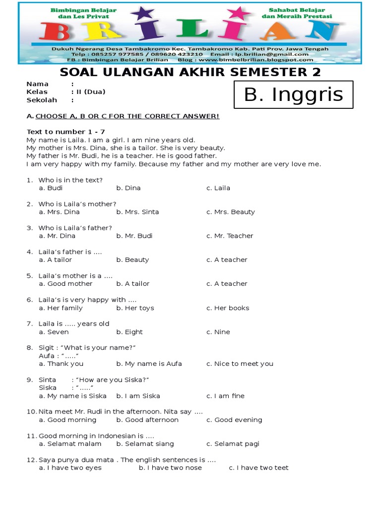 46+ Soal Uas Bhs Inggris Sd Dan Kunci Jawabannya PNG