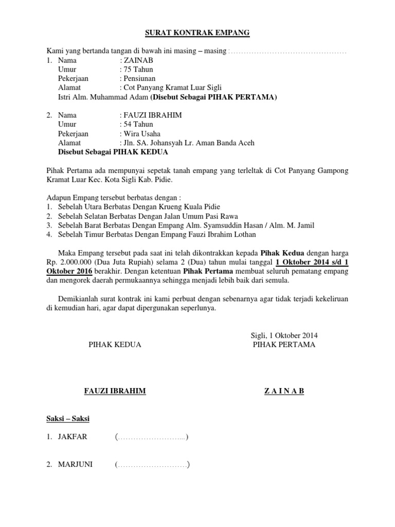 Surat Kontrak Empang | PDF