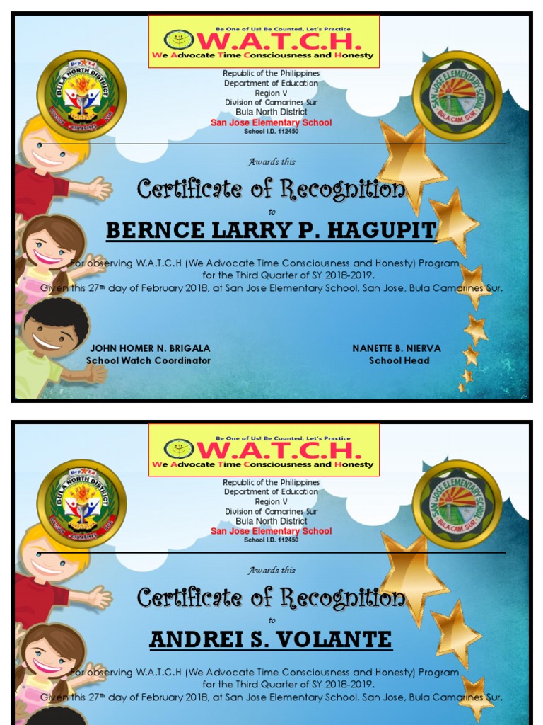 Project W.A.T.C.H. Recognition Certificates | PDF