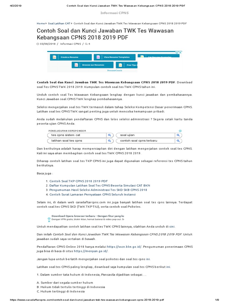 Contoh Soal Cpns Sscn 2018 Pdf Dan Kunci Jawaban Bali Teacher