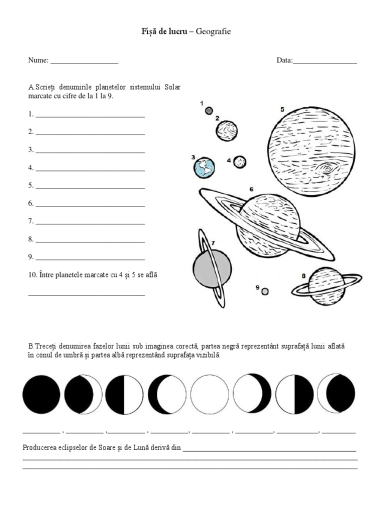 Fisa De Lucru Planetele Sistemului Solar Fișă de Lucru Planete, Fazele Lunii | PDF