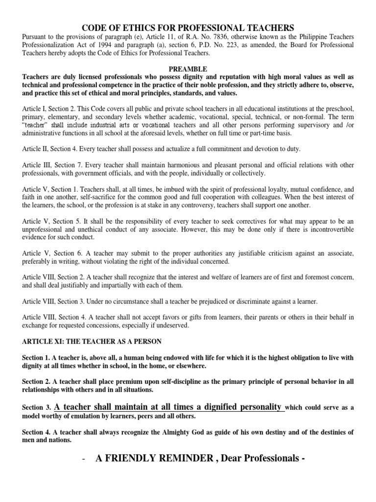 Code Of Ethics For Professional Teachers Pdf Teachers Social Institutions