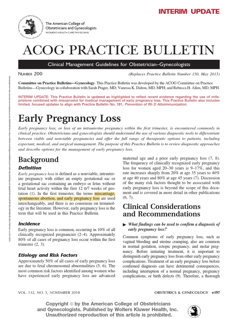 ACOG Practice Bulletin No 200 Early Pregnancy.41 Miscarriage Pregnancy
