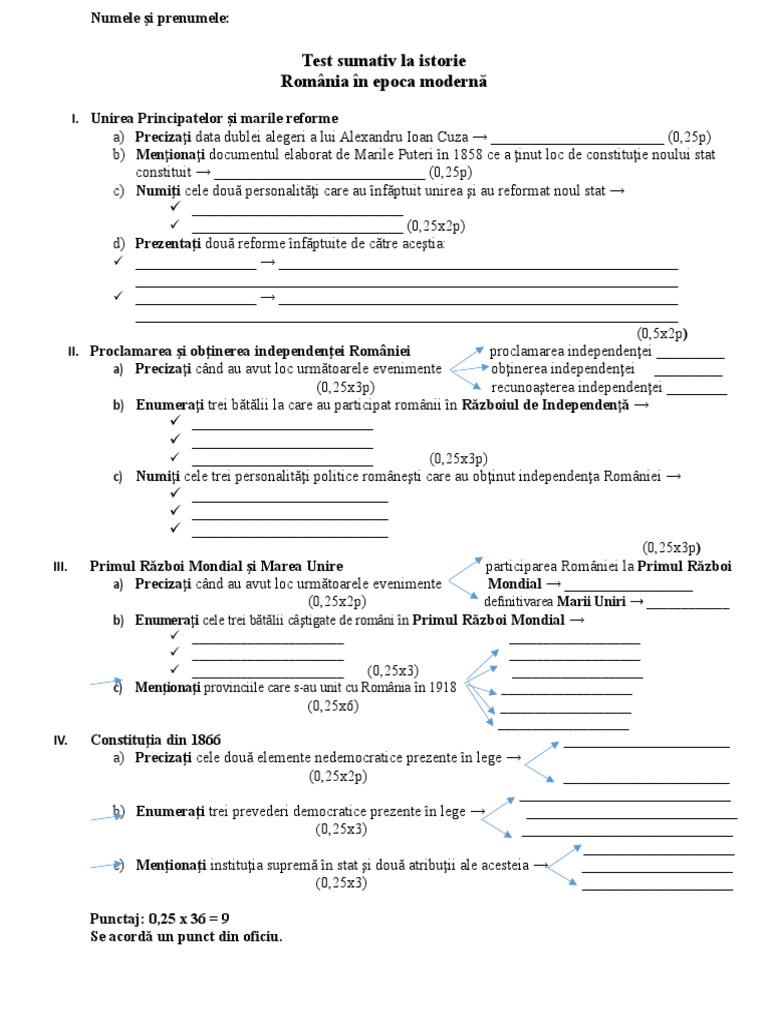 Test de Evaluare Romania Moderna | PDF