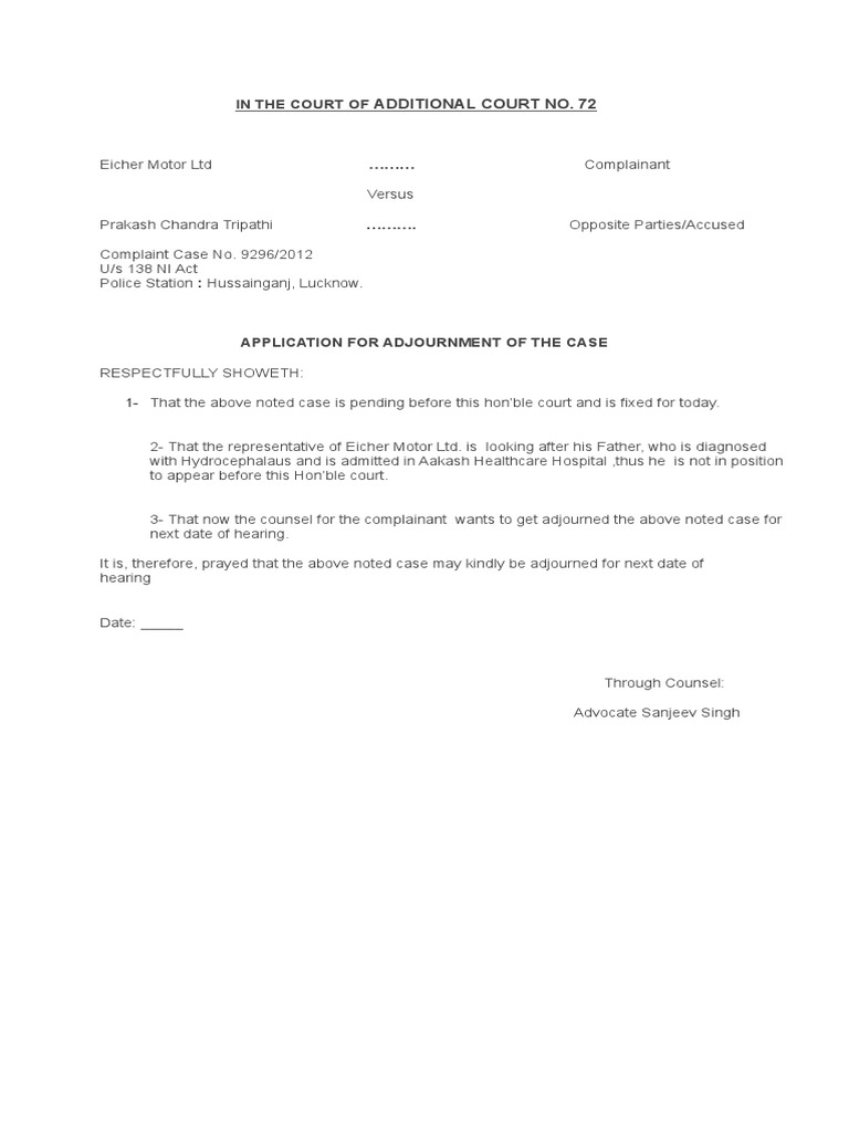 Adjournment Application For Prakash Chandra PDF Judiciaries