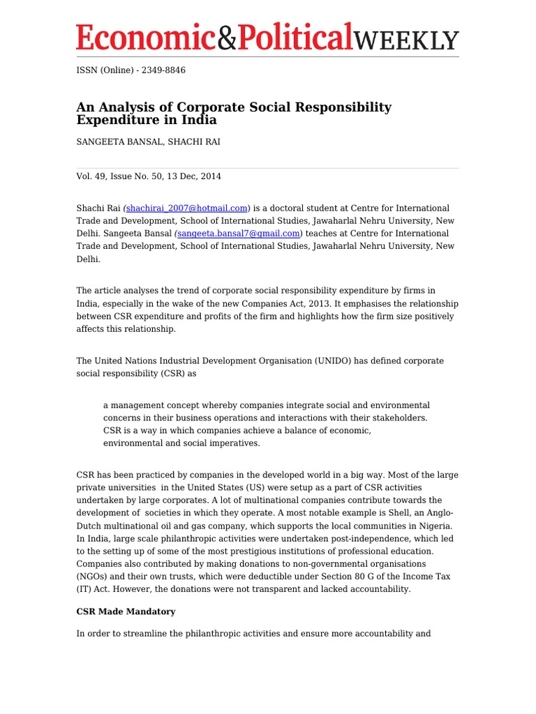 An Analysis of Corporate Social Responsibility Expenditure in India PDF ...