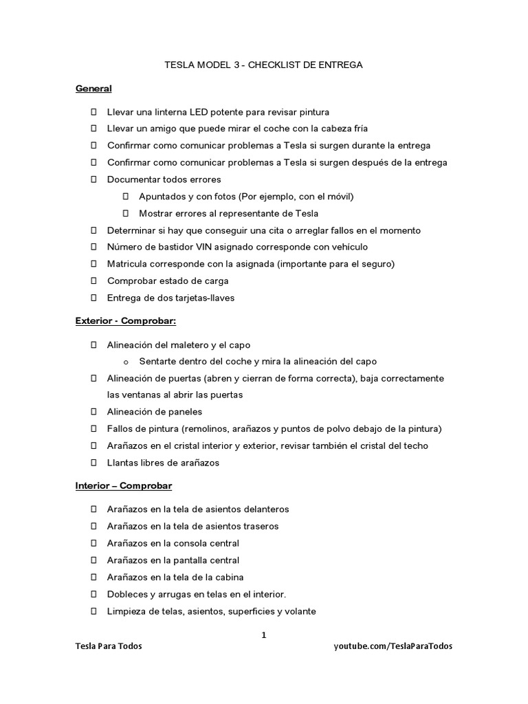 Tesla Model 3 Checklist de Entrega PDF Coche Fabricantes de