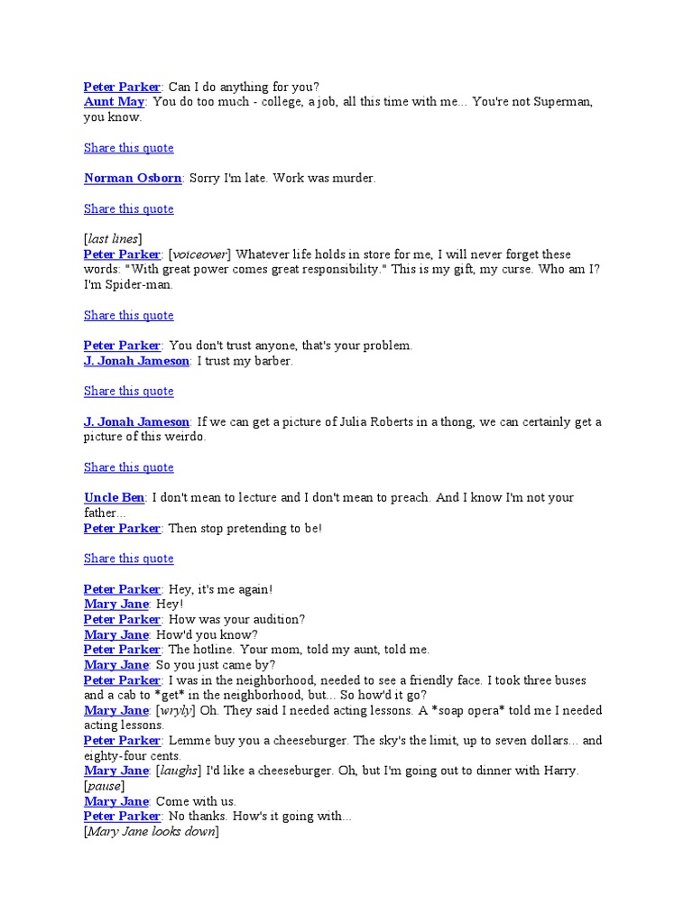 Spiderman 1 Script | PDF | Spider Man | Fictional Characters