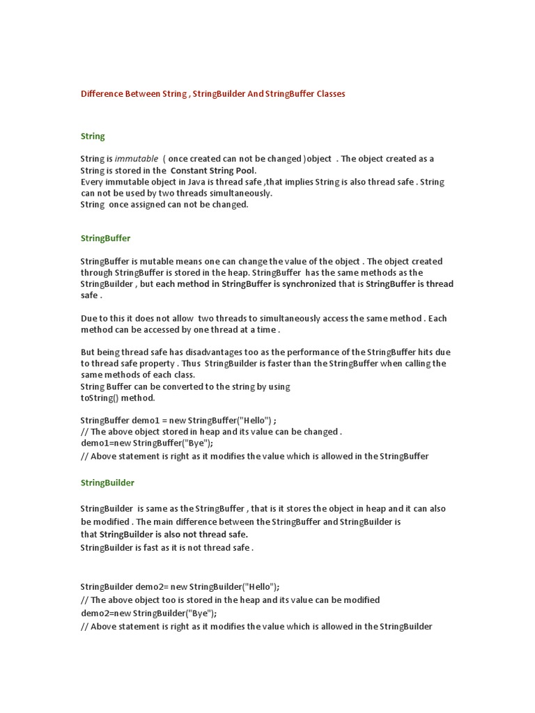 Difference Between String, Stringbuilder and Stringbuffer Classes | PDF