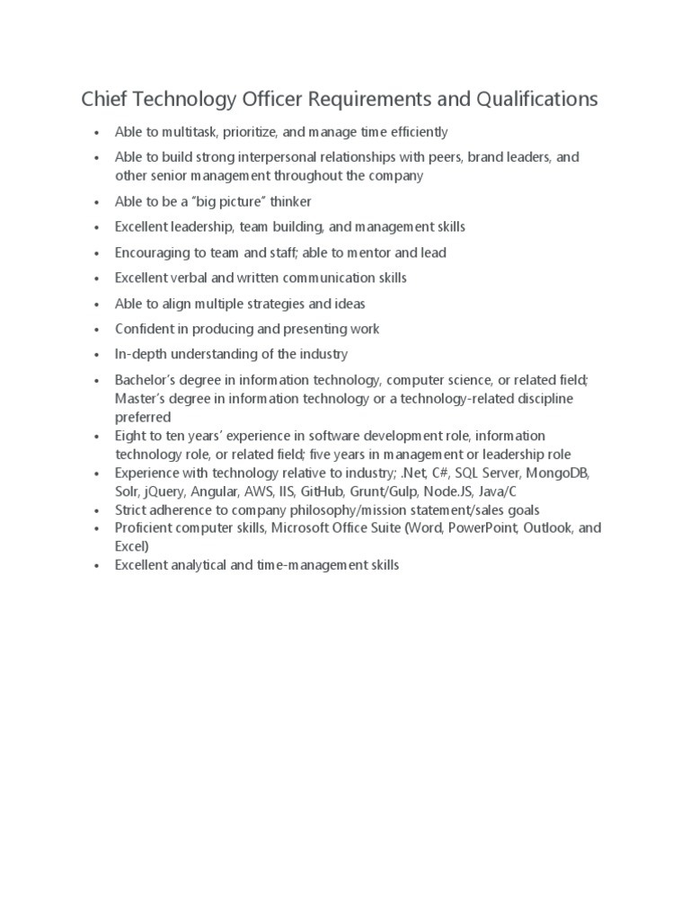 CTO Requirements and Qualifications | PDF | Software | Computing