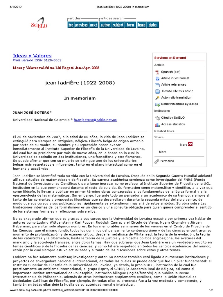 (1992) Jean LadriÈre (19222008) in Memoriam PDF Filosofía de la
