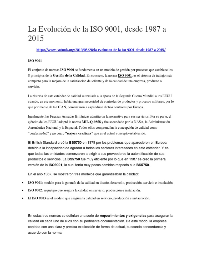 Evolución de la norma ISO 9001: 1987-2015 | PDF | Calidad (comercial ...