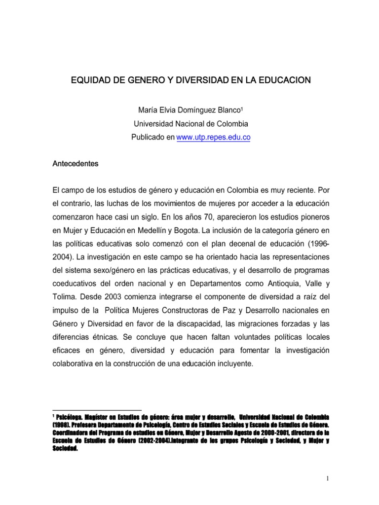 Equidad de Genero y Diversidad en La Educacion PDF | PDF | Igualdad de ...
