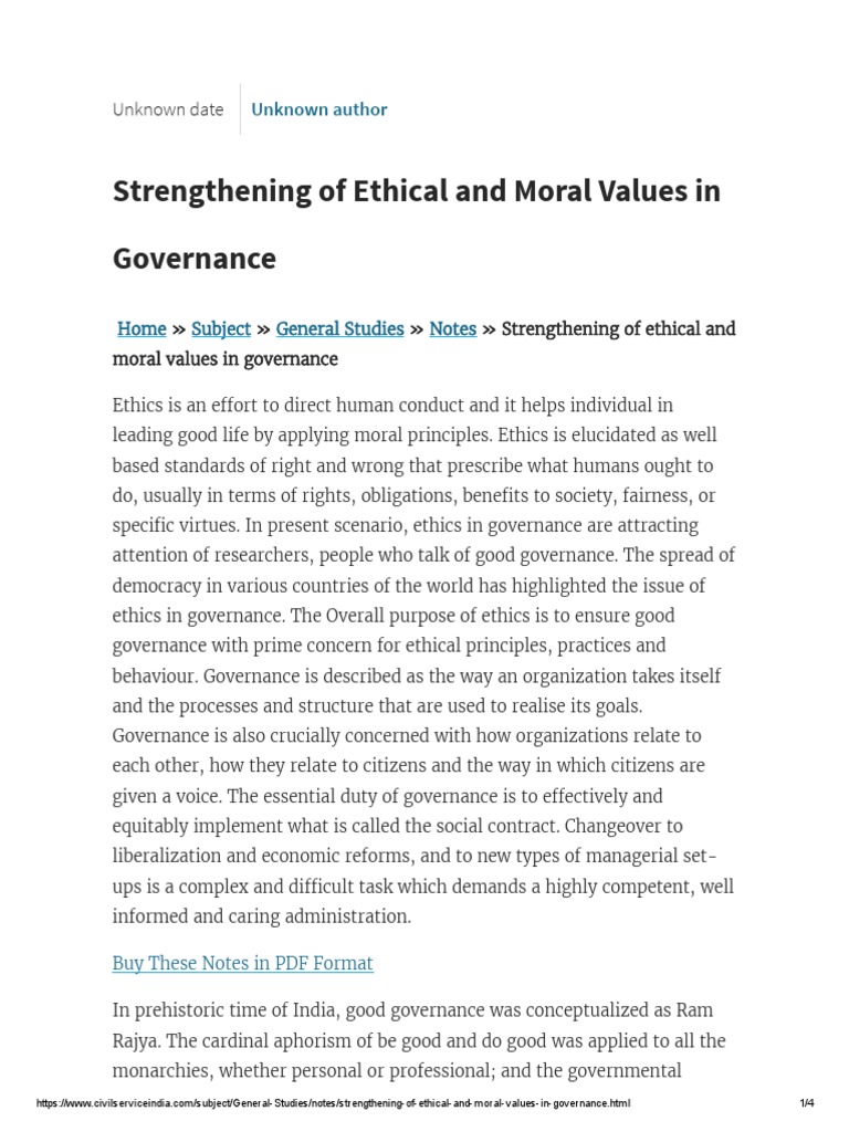 Strengthening of Ethical, Moral Values in Governance, Ethics and Moral ...