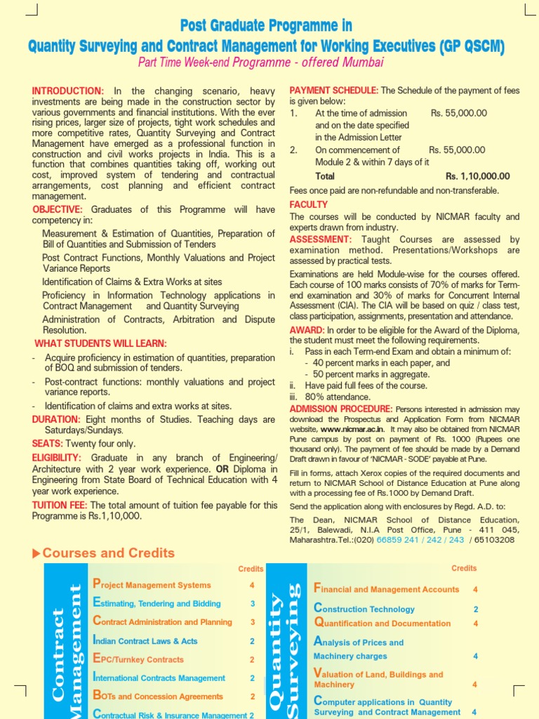 Post Graduate Programme in Quantity Surveying and Contract Management