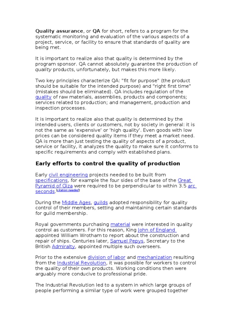 Quality Assurance Quality Assurance Quality Management