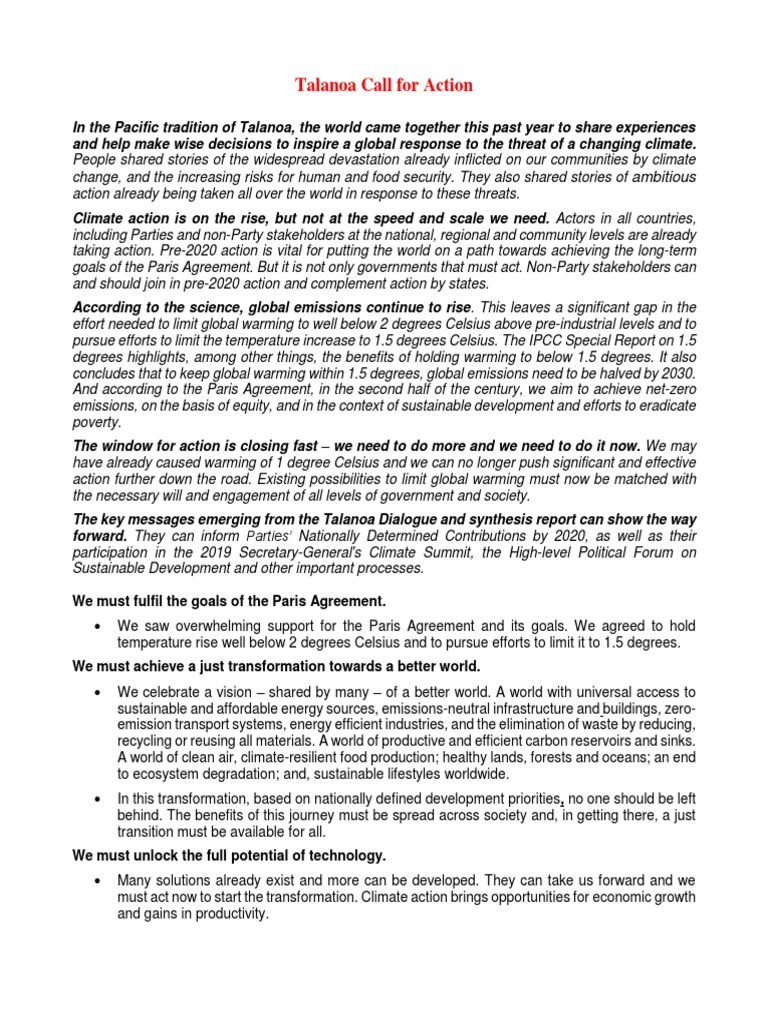 Talanoa Climate Action Call to Action | PDF | Climate Change Mitigation ...