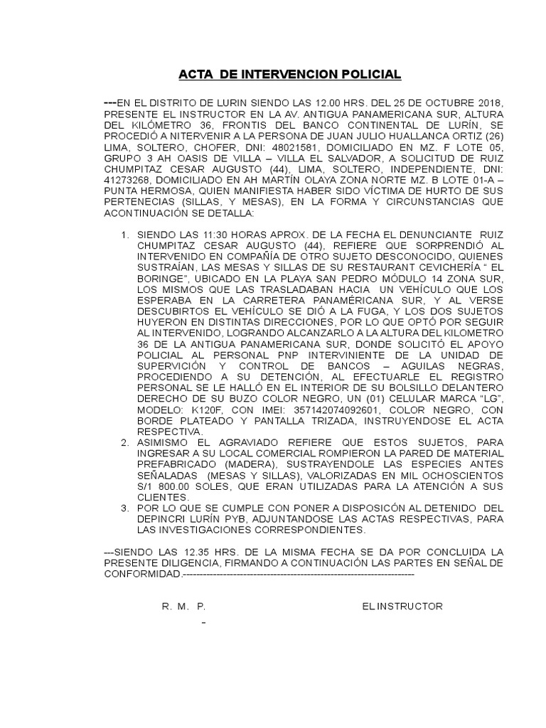 Acta de Intervención por Hurto en Lurín | PDF | Crimen y violencia ...