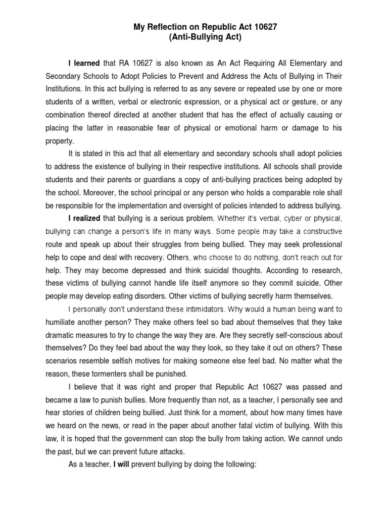 Reflection On Anti Bullying PDF Bullying Psychology