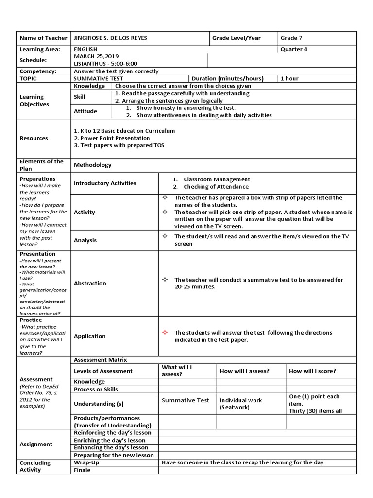 Cot 4 LP PDF Educational Assessment Teachers