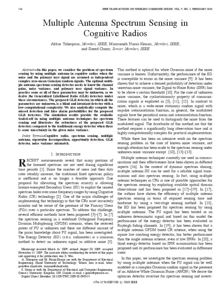 Multiple Antenna Spectrum Sensing in Cognitive Radios | PDF