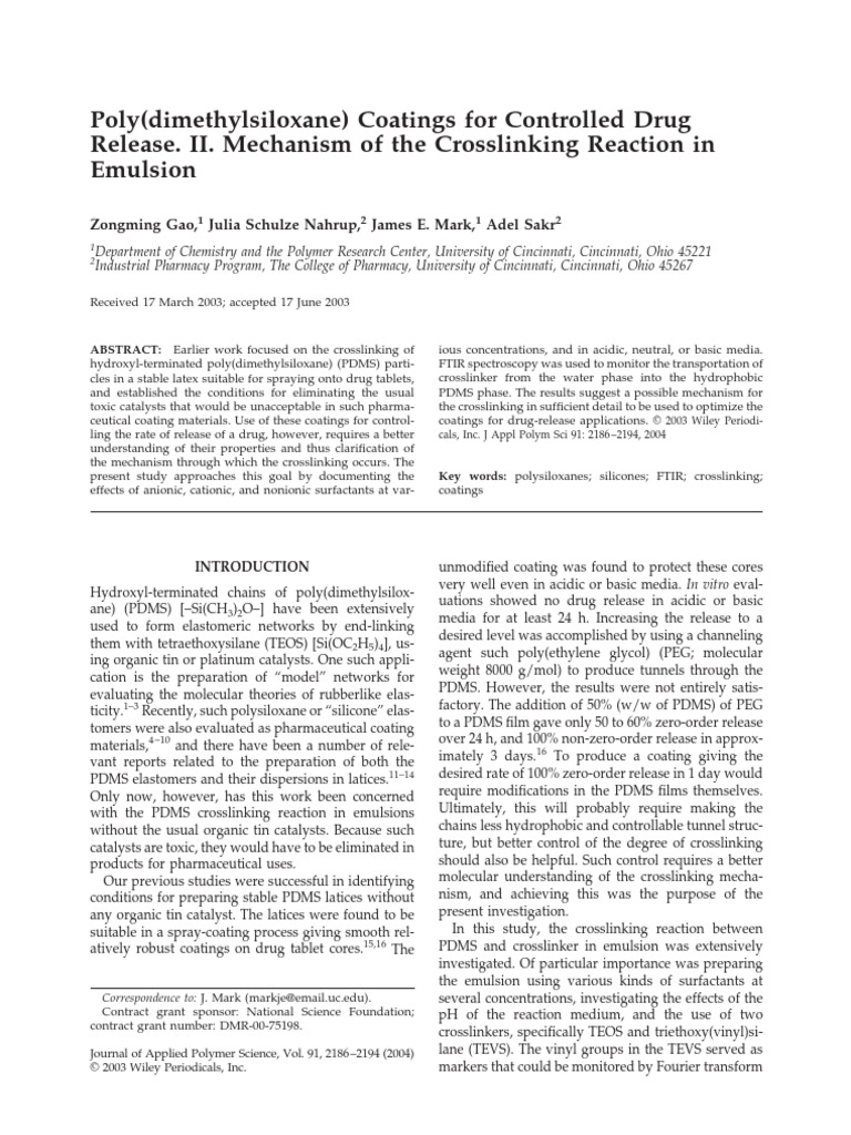 Poly (Dimethylsiloxane) Coatings For Controlled Drug Release. II