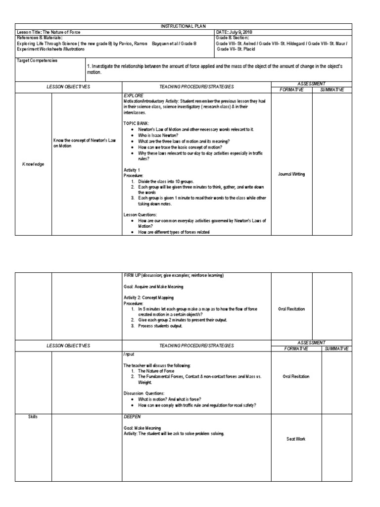 Laws of Motion Lesson Plan for Grade 8 | PDF | Force | Newton's Laws Of ...