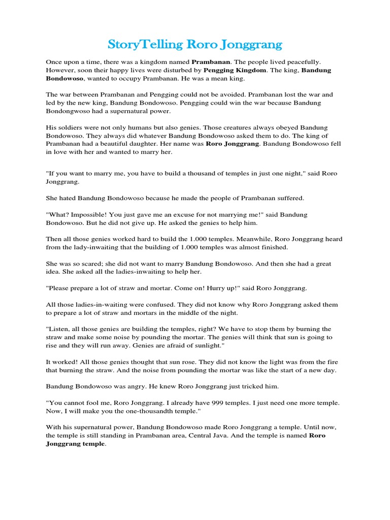 Storytelling Roro Jonggrang Java Asian Mythology