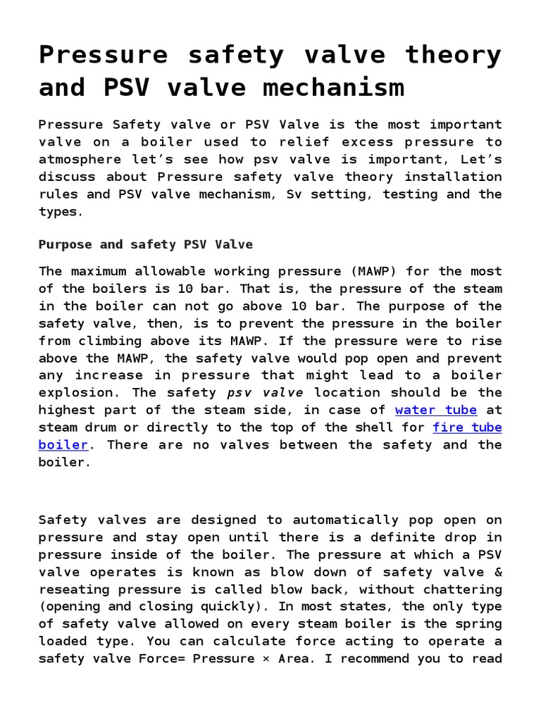 Pressure Safety Valve Theory and PSV Valve Mechanism PDF Boiler Valve