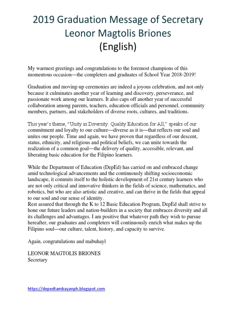 2019 Graduation Message by DepEd Secretary | PDF