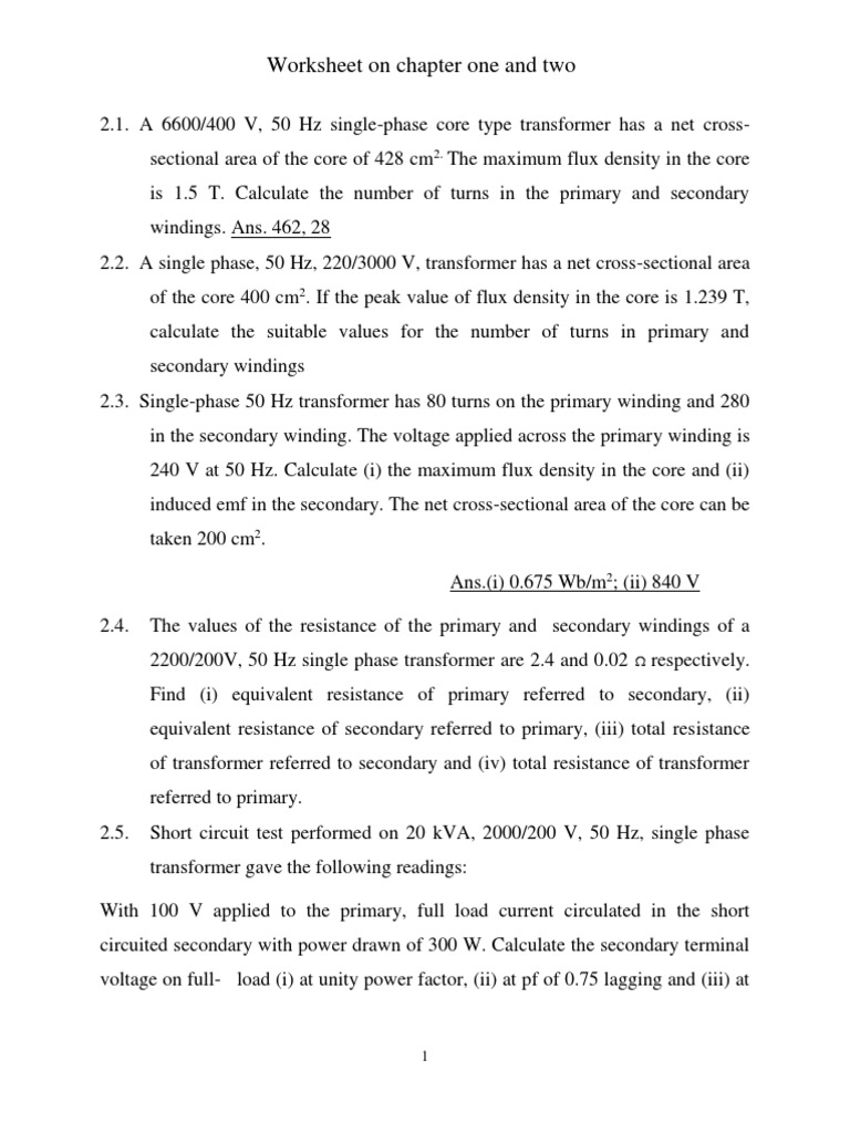 Transformer Calculations Worksheet | PDF | Transformer | Inductor
