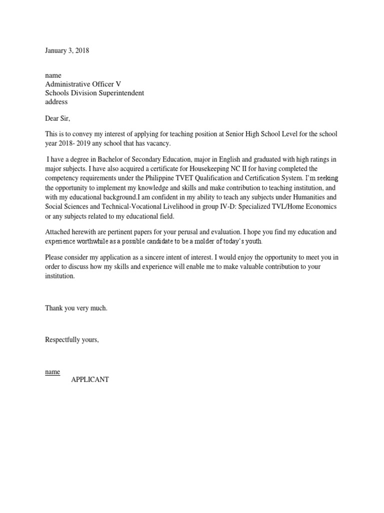 application letter for teacher senior high school