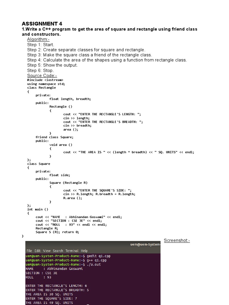 Assignment 4: 1.write A C++ Program To Get The Area of Square and ...
