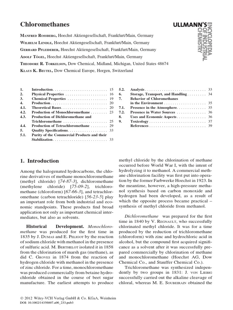 Chloromethanes Anfred Ossberg Ilhelm Endle Erhard Fleiderer Gel Chlorine Methane