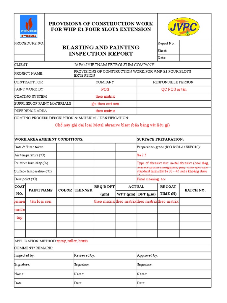 Blasting And Painting Inspection Report Provisions Of Construction