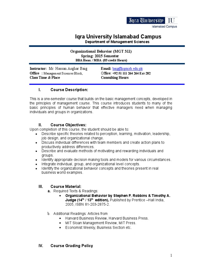Organizational Behavior Course Overview | PDF | Organizational Behavior ...